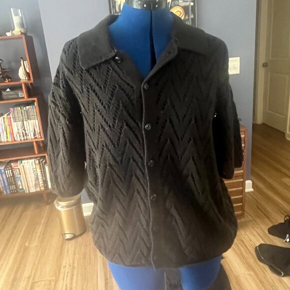 BDG Crochet Look Knit Sweater Button Down with Zig Zag Pattern - Picture 2 of 4